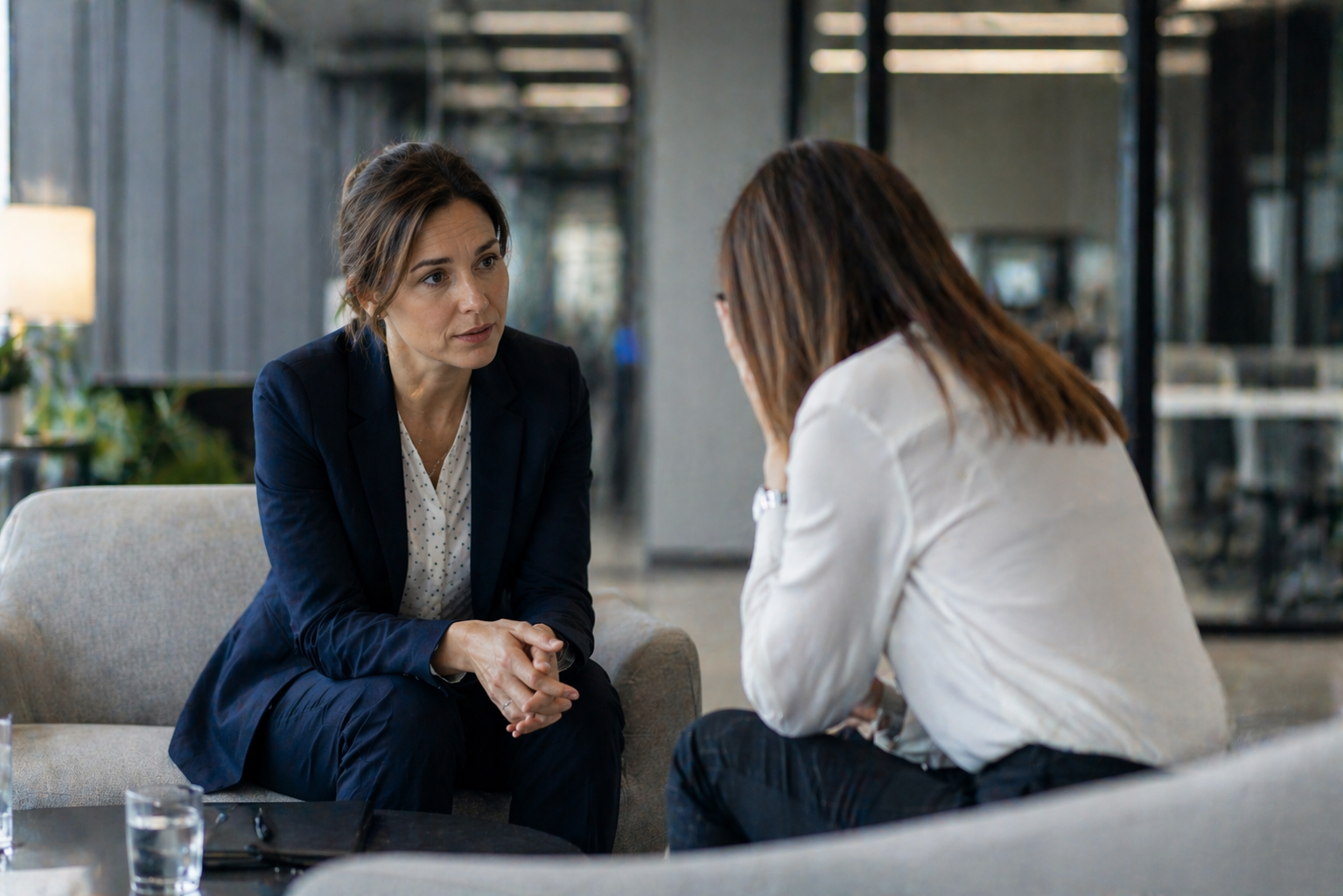 Pierwsza pomoc psychologiczna w firmie, empatyczna rozmowa ratownika ze współpracowniczką